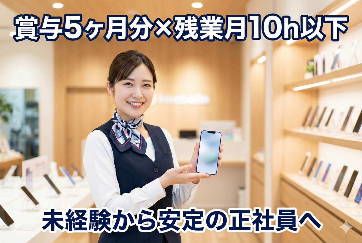 スマートフォンの販売員//賞与5か月支給/正社員/朝はゆっくり9時過ぎ出社