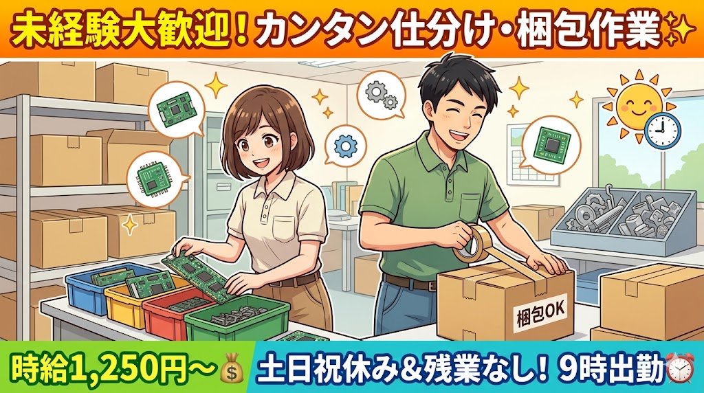 リサイクル企業の部品仕分け・梱包スタッフ/定時帰宅OKの安定ワーク