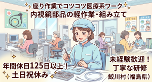 医療用内視鏡パーツの加工および座り作業での組立スタッフ//8：30～、9：00～出社時間選べます/座り作業中心空調完備の快適環境/残業なしOK